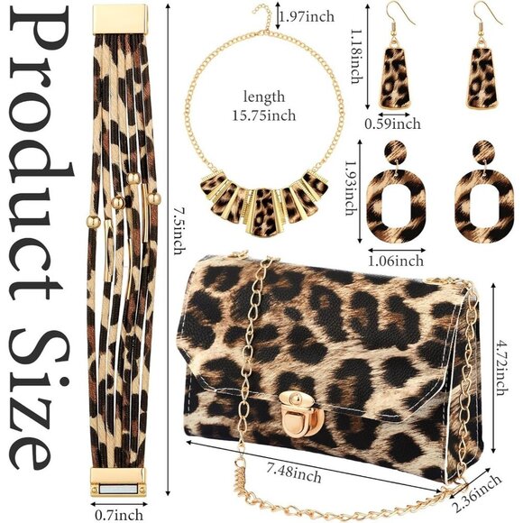 Leopard Print Accessories Set Women Purse Jewelry Necklace Earrings Bracelets - Picture 2 of 7
